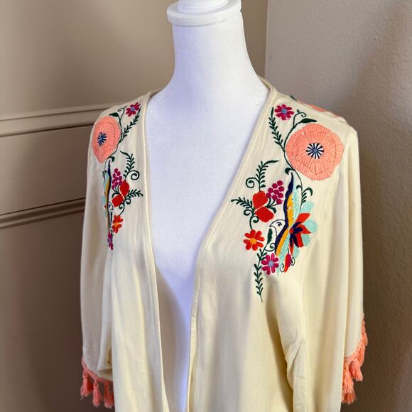 Judith March Womens Size L Boho Festival Long Kimono Embroided Birds Fringe - Picture 2 of 5